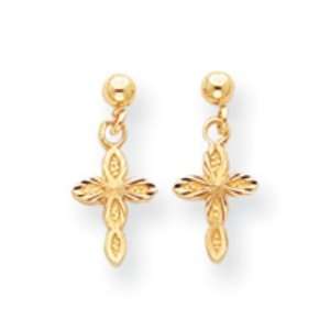  14k Gold Diamond Cut Cross Dangle Post Earrings: Jewelry