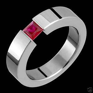 Women Titanium & Ruby Tension Set Wedding Band Ring  