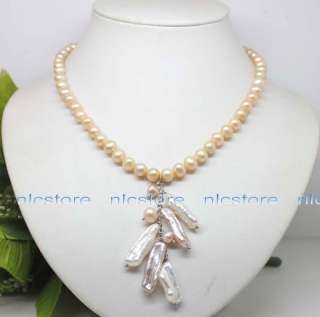 set pink pearl Biwa pearl pendent necklace earrings  