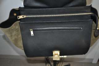 CELINE Black Leather Olive Suede Trapeze Luggage Hand Bag  