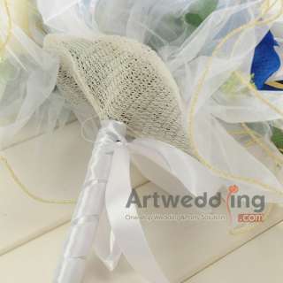 Tulle Wrapped Blue Roses and Yellow Tulip Wedding Bouquet with Ribbons 