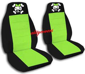 COOL CAR SEAT COVERS BLK LIME GREEN W/GIRLY SKULL !!!  