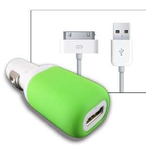 White/Green USB Car Charger w/ USB cable for iPhone 4S 4 