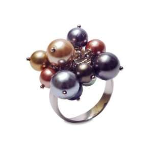   Silver 6 8mm Dark Multi Color Shell Pearl Bubble Ring, Size 5: Jewelry
