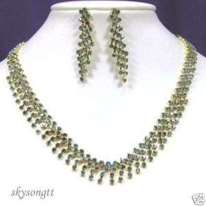 Blue Crystal Bridal Gold Necklace Earrings Set NS1042N  