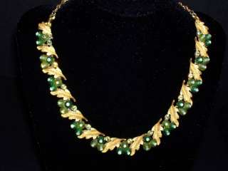Vintage BSK Green Rhinestone Bead GT Leaf Necklace  
