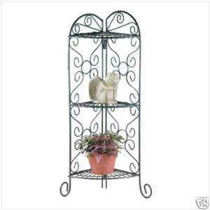 Green Metal Three Shelf Corner Plant Stand Screen  