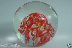   PAPERWEIGHT GLASS BALL EXOTIC RED FLOWERS,MUSHROOMS OR CORALS  