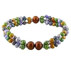 Brass Beads Fresh Water Multi Color Pearl Elastic 3 Strand Bracelet (4 