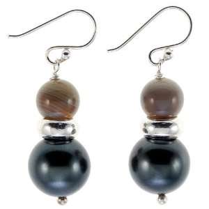  EXP Handmade Black Pearl Drop Earrings With Brown Agate 