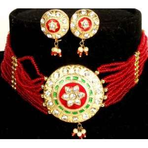  Red and Golden Solar Necklace and Earrings Set with Beads 