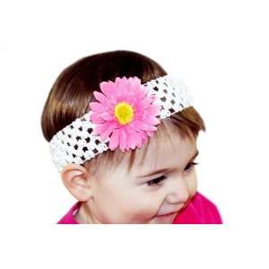  White Crochet Headband with Pink Daisy Flower: Beauty