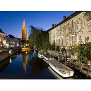 Canal in the Evening and Church of Our Lady, Bruges, Belgium, Europe 