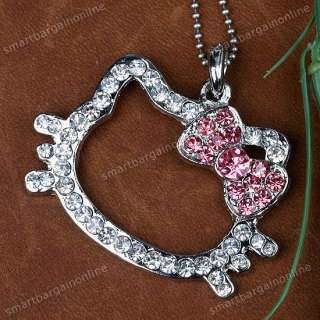 Rosy Crystal Bowknot Hellokitty Pendant Silver Plated Fit Necklace 