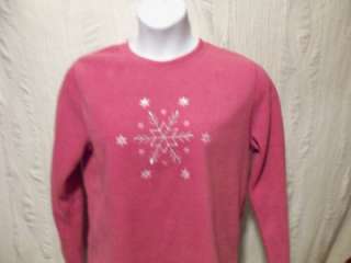   ROSE PINK LONG SLEEVES FLEECE TOP SNOW FLAKES ON FRONT SOFT WINTER FUN