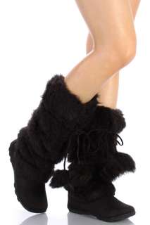 BLACK MUKLUKS Super Furry Pom pom Snow Winter Flat Boots  