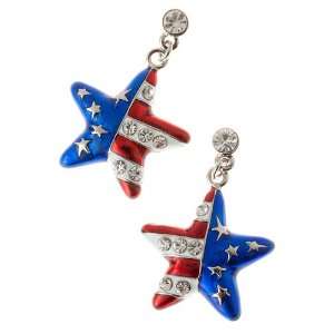 Patriotic American Flag 3D Star Charm Earrings Silver