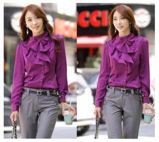 R070 New women long Sleeve Stand Collar Ruffle shirt tops blouse Size 