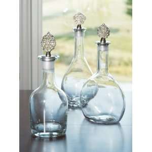 Set of 3 Clear Glass Decanters with Nickel Filigree Toppers:  