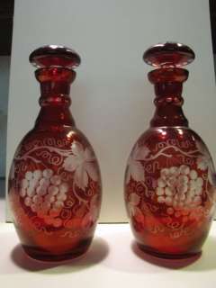 Antique Bohemian Pair Red Cut to Clear Wine Decanters  