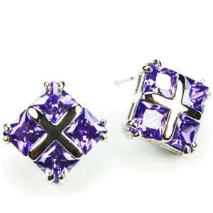  CZ Foursquare Earrings, Amethyst Colored CZs, Post 