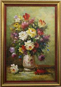 Red Yellow Purple Flowers Bouquet FRAMED OIL PAINTING  