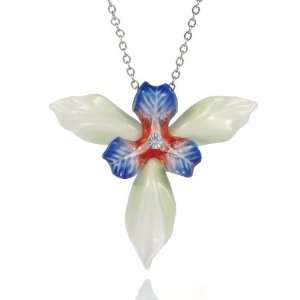    Franz Porcelain Brass Pendant Necklace Iris Flower 