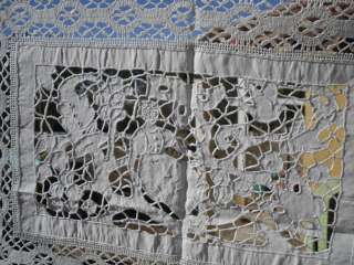 FRENCH ANTIQUE LARGE HAND EMBROIDERED WHITE LINEN W HAND MADE LACE C 