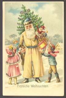 1900s Postcard~ White Robe Santa ~Toys/Children/Glitter  