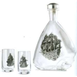  La Paloma German Glass with Pewter Ship Liquor Decanter 