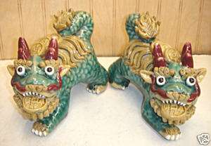 Pair Green Kylin Chinese Porcelain Foo Dog Statue Figures  
