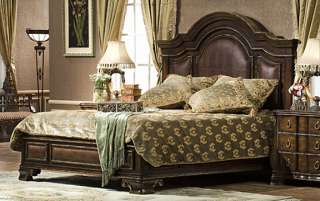 Antiqued Chestnut Carved King Size Panel Bed w/ Leather  