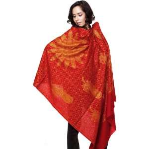 Red Kashmiri Tusha Shawl with Large Hand Needle Embroidered Flower and 