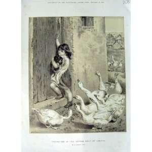  1888 LEIGHTON BROTHER PRINT LITTLE GIRL FARM DOG GEESE 