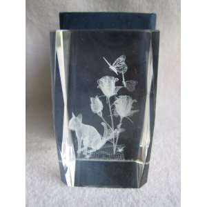 Cat with Flowers and Butterflies Laser Etched 3D Crystal. Size: 2x2 