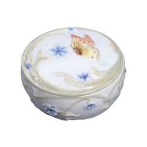 Butterfly and Blue Iris Flower Porcelain Trinket Box 