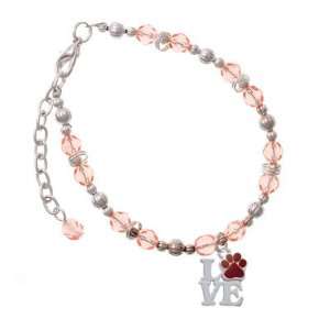  Silver Love with Maroon Paw Pink Czech Glass Beaded Charm 