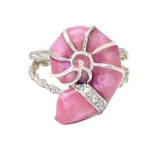 Nautilus Shell Diamond Sterling Ring Pink Enamel Size 6