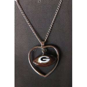 Green Bay Packers Necklace w/ Football in Heart Charm:  