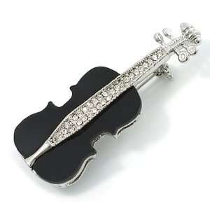  Silver Tone Crystal Violin Costume Brooch Jewelry