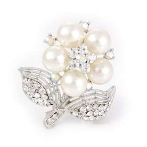   : Silvertone Clear Crystal and Faux Pearl Flower Brooch Pin: Jewelry