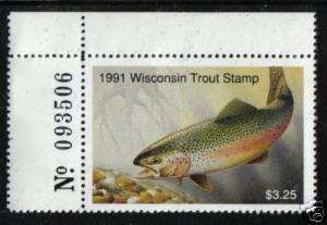 1991 $3.25 MNH WISCONSIN STATE TROUT STAMP.  
