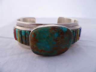 Zuni Sterling Silver Multi Stone Raised Inlay Bracelet  