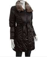Andrew Marc black poly sateen rabbit fur collar quilted down coat 