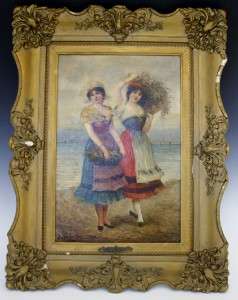 19C PAINTING OF 2 WOMAN WALKING ALONG A COAST IN WOOD FRAME SIGNED 