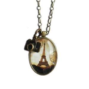   Eiffel Tower Antique Brass Pendant Necklace with Hanging Camera