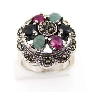    14Gms Genuine Ruby Sapphire Emerald Marcasite Ring Sz7 Jewelry
