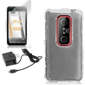  EVO 3D CLEAR TRANSPARENT CASE, TRAVEL HOME WALL CHARGER, LCD SCREEN 