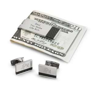    Personalized Carbon Fiber Cuff Links & Money Clip Set Gift Jewelry