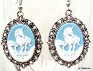 Vintage Antique Silver Blue Unicorn Cameo Earrings  